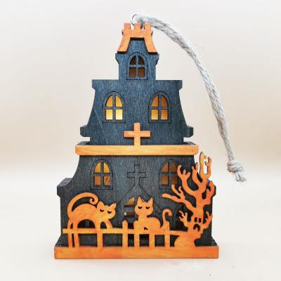 China Wooden Halloween Ornament LED Light Haunted House Pumpkin Cat Tower Home Office Decoration Halloween Ornament for sale