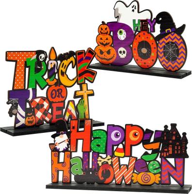 China Halloween Amazon Ornament Sells BOO Terrorist Pumpkin Home Office Decoration Wooden Halloween Ornament for sale