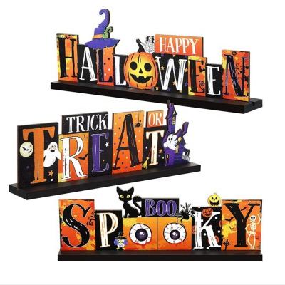 China 100% New Popular Eco-Friendly UV Printed Wooden Pumpkins Boo Spooky Sign Trick Or Treat Ornament For Halloween Desk Decorations for sale