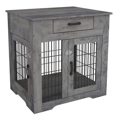 China Double door design Metal Wire Enclosure Bars Wooden Dog Crate Cage End Table Storage Drawer Indoor Dog House for sale