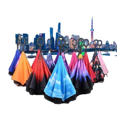 China Manual Transitional Double Layer Open Inverted Reverse Windproof Umbrella With C-Shaped Handle for sale