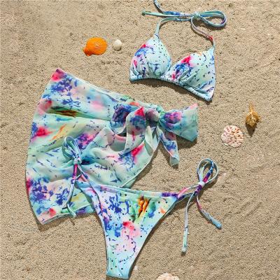 China 2021 Mature Women Sexy Lingerie Women Three-piece Pump Padded Bra Bikini Set Swimwear Swimsuit Beach Wear With Cover Ups for sale