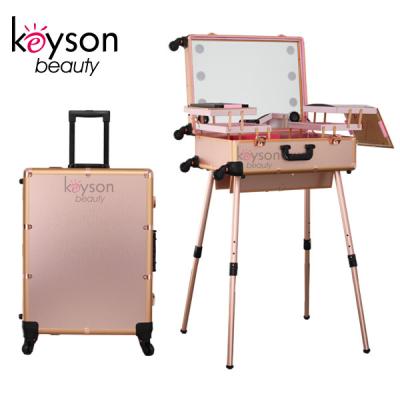 China Fashion Keyson Rolling Aluminum Mobile Cosmetic Box Studio Makeup Case With Legs, Light And Mirror for sale