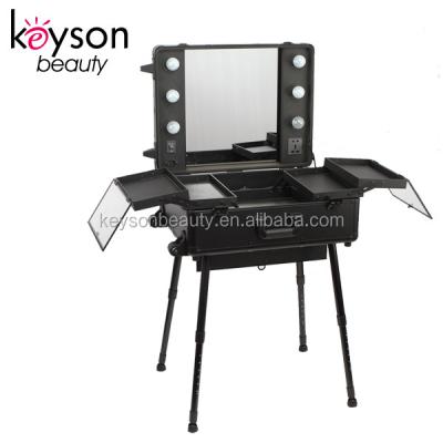 China Professional Keyson Aluminum Black Aluminum Makeup Trolley Case With Lights for sale