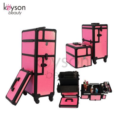 China 2 In 1 Leather Case Keyson China Pink Glitter Nail Polish Trolley Case Makeup Rolling Box for sale