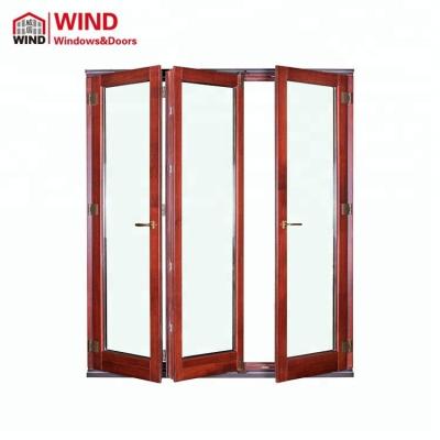 China Traditional Wood Sliding Folding Patio Window Bifold Doors With Wood Grill Designs for sale