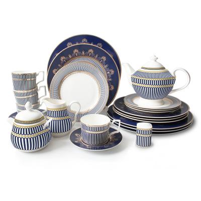 China Viable Blue Personal Dish For Restaurants Porcelain Dinnerware Gold Rim Crocery Set Dinnerware for sale