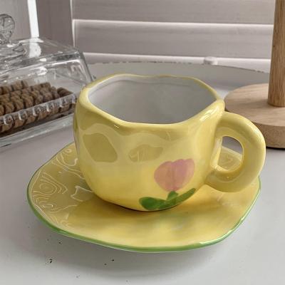 China Sustainable Handmade Ceramic Cup Light Retro Coffee Cup And Saucer Afternoon Luxury Ceramic Cup for sale