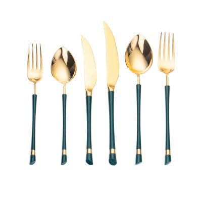 China Plating Green Handle Gold Sustainable Wedding Flatware Sets Knife Fork and Spoon Green and Gold Cutlery Set Manufacturers Flatware Cutlery Set for sale