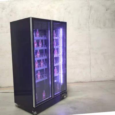 China Single-temperature 950 Liter Compressor Glass Double Door Construction Upright Air Cooling Drink Display Cooler for sale