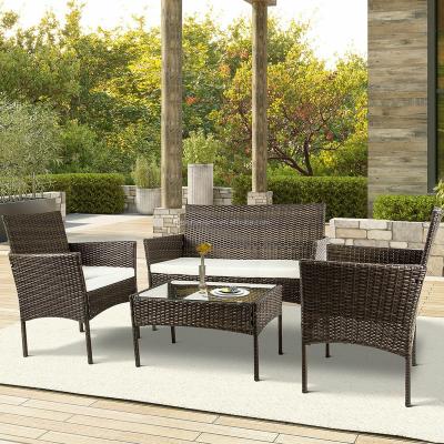 China Wicker Garden Set 4 PCS Patio Rattan Furniture Set Outdoor Cushions Conversation Table Sofa for sale