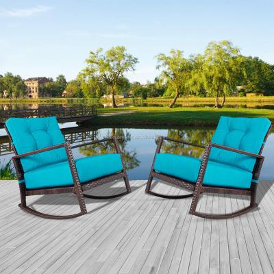 China Garden set outdoor wicker rocking chair 2 pieces with blue cushions for sale