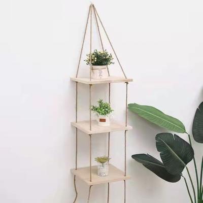 China Modern Wooden Rope Wall Hanging ShelfWooden Opens 3 Tier Antique Natural Paulownia Wood Shelf Decoration With Jute Rope OEM for sale