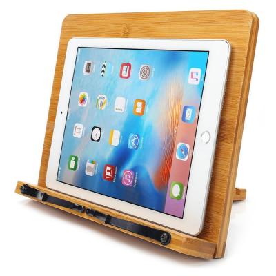 China Flexible Adjustable Bamboo Wooden Book Stand With Clips Tablet Phone Holder for sale