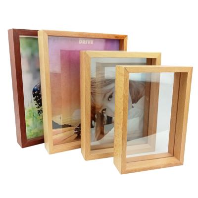 China Wooden Transparent Double Sided Glass Picture Frame Wooden Photo Frame Floating Wall Art Picture Frame for sale