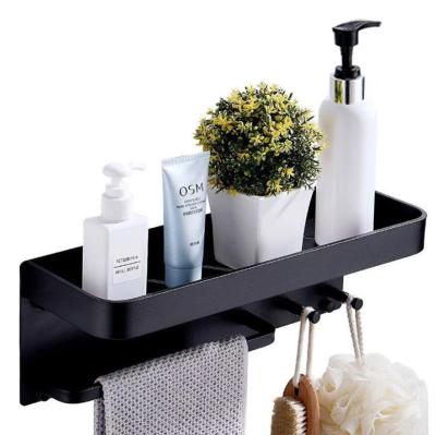 China Amazon Europe Durable Commode Hot Selling Kitchen No Drilling Bathroom Black Shower Shelf With Hooks And Towel Rack for sale