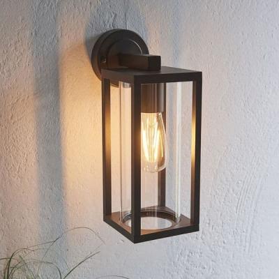 China Tempered Glass Matte Black Garden Porch IP44 E27 Decorative Modern Aluminum Outdoor Wall Lantern Lamp for sale