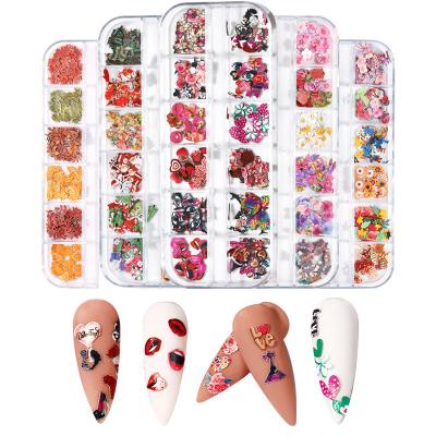 China 3D Grit Summer Flowers 12 / Box Nails Paates Colorful Butterfly Wooden Nail Art Stickers for sale