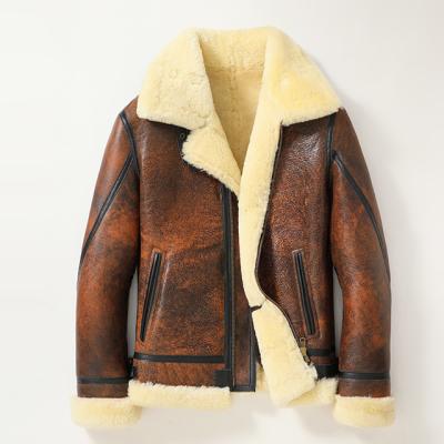 China QUICK DRY New Shearling Coat Mens B3 Bomber Jacket Short Fur Coat Brown Leather Jacket Fashion Motorcycle Jacket Mens Winter Coats for sale