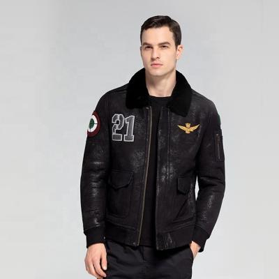 China QUICK DRY 2022 Black Leather Jacket Men's embroidered fur coat Air Force Flying Coat for sale