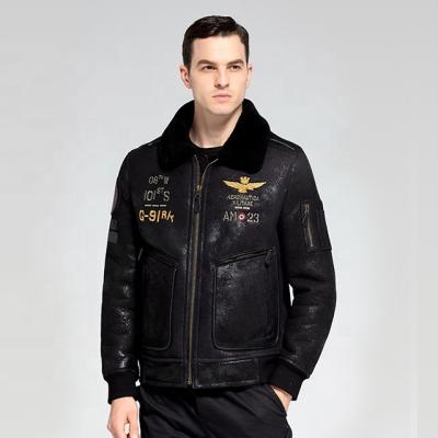 China QUICK DRY 2022 Men's Air Force Flight Coat Black Leather Jacket Embroidered Fur Coat for sale