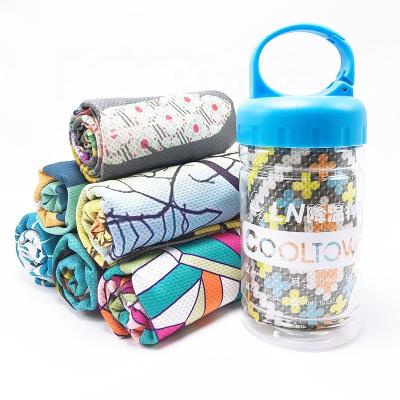 China Viable Bottle Carry Cold Cooling Sports Towel Work From Home Printed Strong Absorbent Quick Dry Sweat Instant Gym Cold Towel for sale