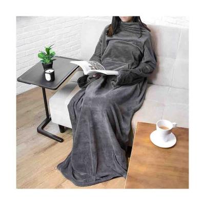 China Bed Covering Blurred Sofa Warm Comfy Wearable Portable Soft Flannel Blanket TV Women Throw Wrap Blanket With Sleeves for sale