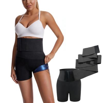 China Waist Slimming Waist Trainer Women Postpartum Recovery Sauna Suit Waist Trimmer Heat Trapping Sweat Shorts With Wrap Belt for sale