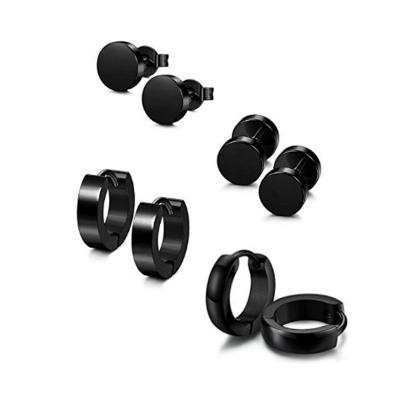 China Earring Set Black Stainless Steel Earrings Set For Men Huggie Tunnel Stud Pierced Earrings for sale