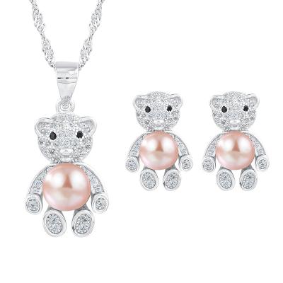 China New Design 925 FASHIONABLE Blue Design 925 Sterling Silver Pearl Necklace Earring Teddy Bear Jewelry Set For Women Gift for sale