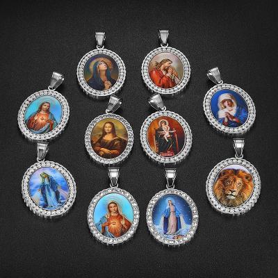 China Wholesale Hiphop Blue OEM Jewelry Stainless Steel Insert Oval Jesus Virgin Mary Cubic Zirconia Personalized Custom Photo Necklace for sale