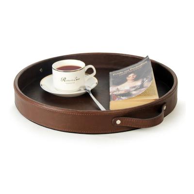 China Viable PU Tray Coffee Tray Decorative Round Leather Serving Tray with Handles for Home or Office for sale