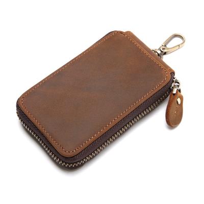 China Genuine Leather 6 Ring Key Holder Fashion Good Quality Vintage Brown Key Holder 2 Card Slots Genuine Leather Key Zipper for sale