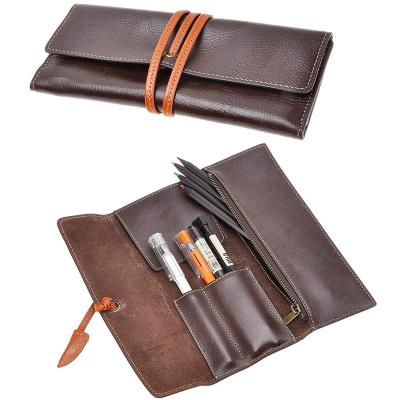 China Schools & Offices Factory Handmade Leather Pouch For Pen Roll School Pencil Case With Zipper Pouch for sale