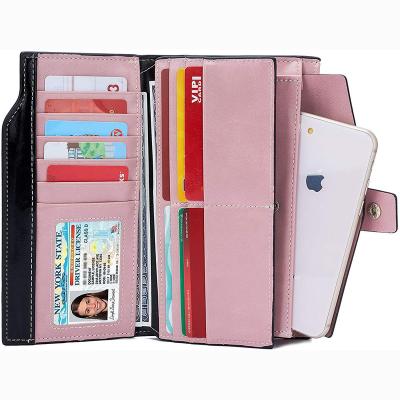 China RFID Genuine Leather RFID Blocking Pink Color Girl Long Card Slots And Women Wallet With Phone Pocket for sale