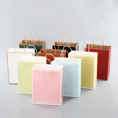 China Recyclable Custom Design Your Own Logo Flat Handle Restaurant Delivery Take Out Packaging To Carry White And Brown Kraft Paper Bags Wholesale for sale