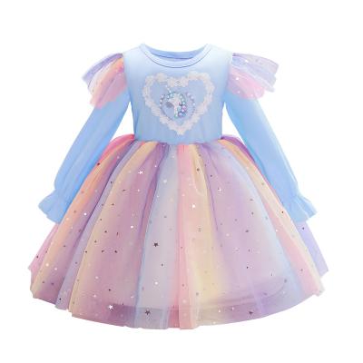 China Girls Girls' dress Spring Autumn Long sleeve Unicorn birthday Kids Dress Girl Fancy Rainbow sequin mesh Princess dress for sale