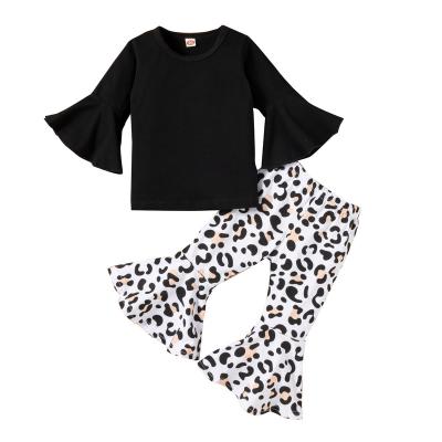 China Breathable Autumn new ins girls black trumpet sleeve top + leopard print trousers for children two-piece set for sale