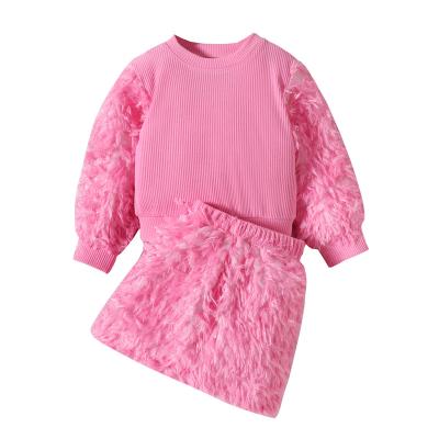 China Breathable Girls' autumn and winter round neck jumper spliced fluffy long sleeve hoodie + plush skirt suit for sale