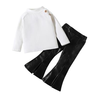 China Breathable Girls' autumn high neck long sleeve top + stylish PU leather split flared leather pants suit for sale