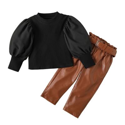 China Breathable Spring and autumn new foreign air bubble sleeve top fashion straight PU belt waist leather pants suit for sale