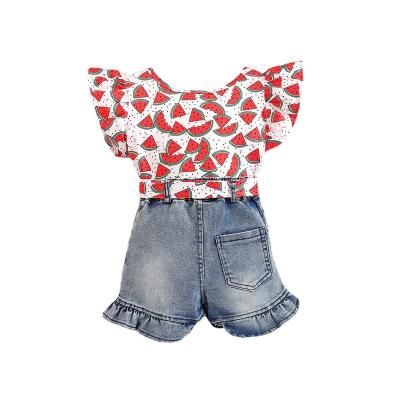 China Breathable Summer girls set European and American Flamingos short-sleeved top children jeans two-piece set for sale