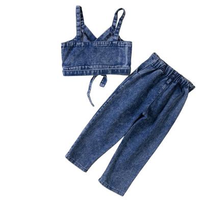 China Breathable Girls' denim suit two-piece denim trousers one-shoulder rose print top for hair for sale