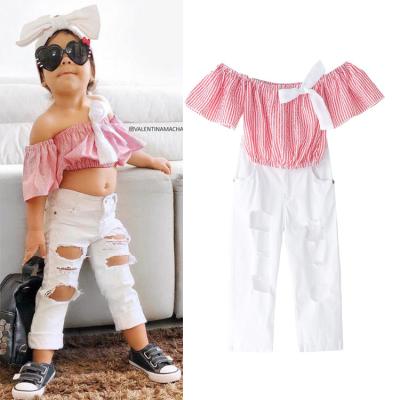 China Breathable European and American girls' suit striped one-line collar ripped pants 2-piece set for sale