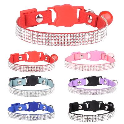 China Adjustable Bling Rhinestone Safety Stocked Buckle Diamond Cat Dog Collar With Bell for Small Medium Dogs for sale