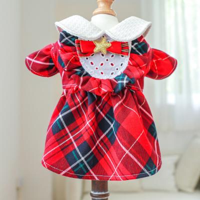 China Stocked New Products Pet Red Fashion Plaid Pattern Christmas Happy New Year Puppy Dress Clothes for sale