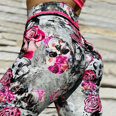 China Breathable Hot Wholesale Flower Printing Digita Skull Style Sexy Yoga Textured High Waist Women Fitness Yoga Pants Gaiters for sale