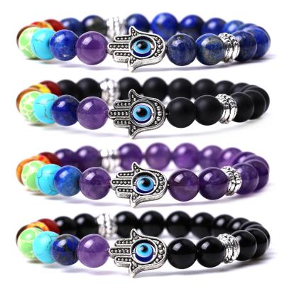 China Lead Free Seven Chakras Healing Beads Fatima Palm Eye Stone Bracelet for sale