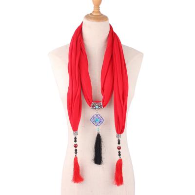 China Bestone Polyester Customized Solid Color Beads Tassels Scarf Shawl With Alloy Pendants Fashion Jewelry Scarf Collar For Women for sale