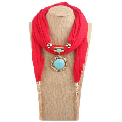 China Bestone Polyester Customized Long Solid Color Polyester Scarf Shawl Alloy Pendants With Fashion Women Jewelry Necklace Stone Scarf for sale